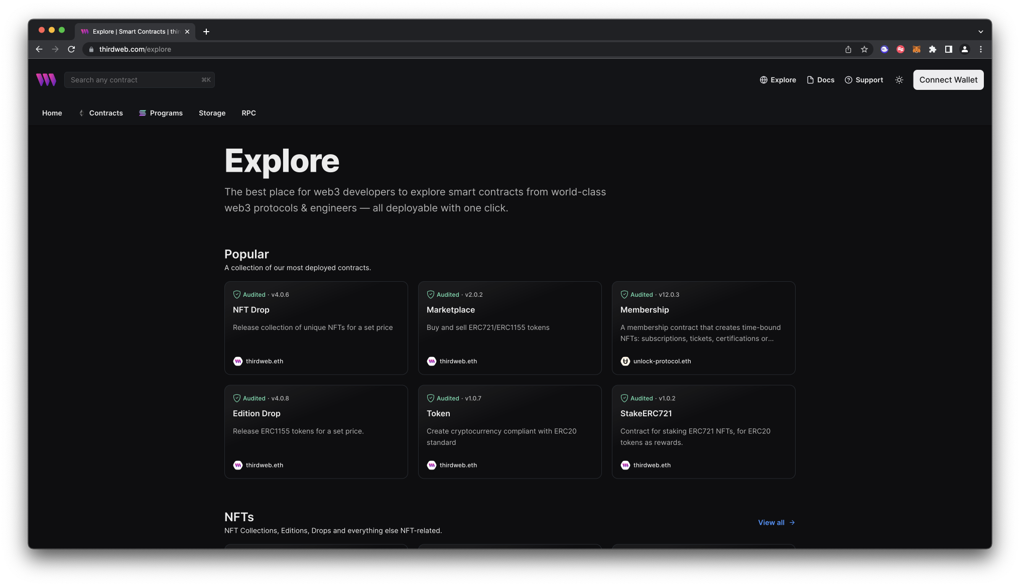 thirdweb Explore page featuring pre-built contracts